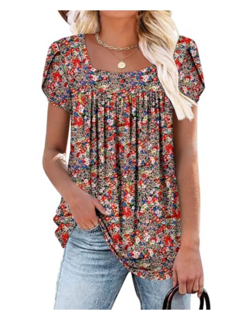 Womens Short Sleeve Tunic Top Square Neck Loose Fit Blouse for Leggings